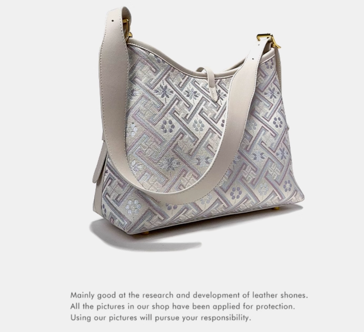 Silora Brocade Shoulder Bag – White Purple Jacquard, Oriental Elegance Meets Modern Fashion