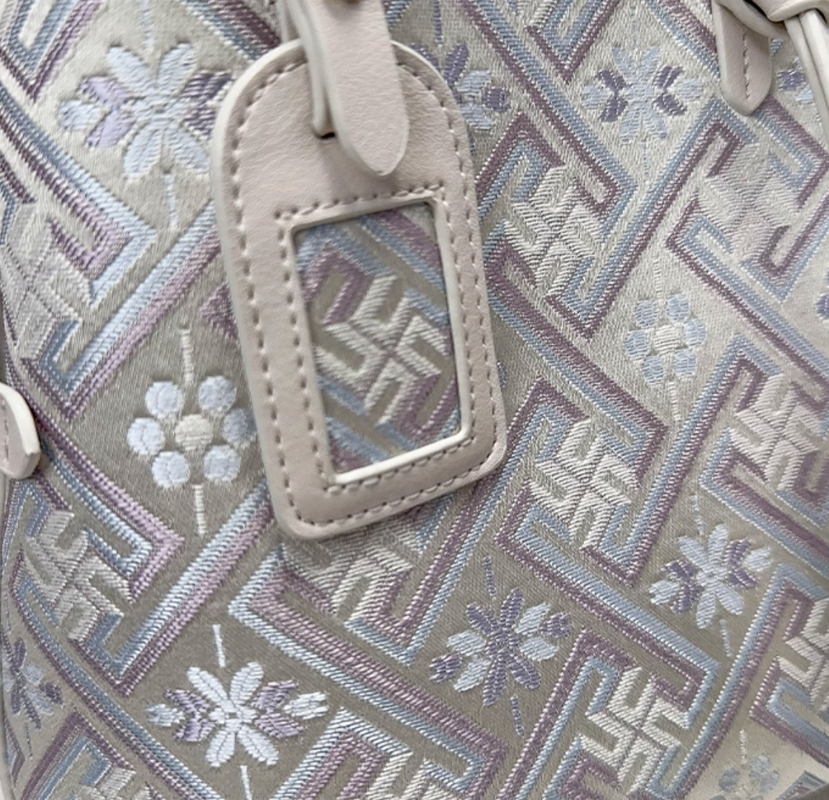 Silora Brocade Shoulder Bag – White Purple Jacquard, Oriental Elegance Meets Modern Fashion
