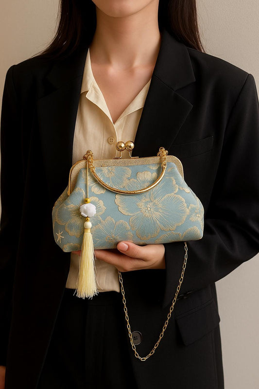 Elegant Vintage Oriental Jacquard Clutch Bag with Tassel – Pearl Handle & Chain Shoulder Strap