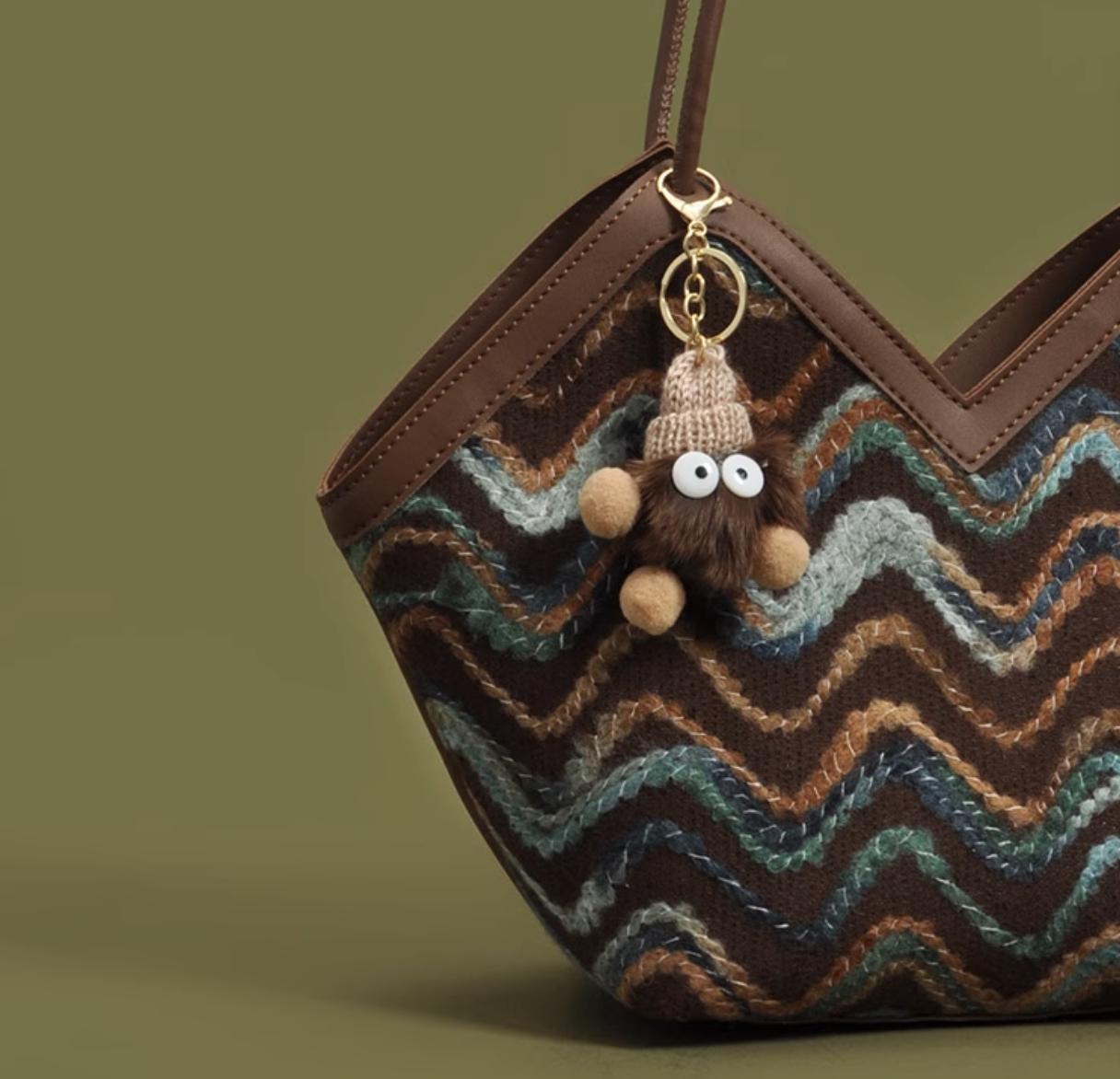 Retro Zigzag Wool Tote Bag with Plush Keychain – Vintage Chevron Handbag for Women