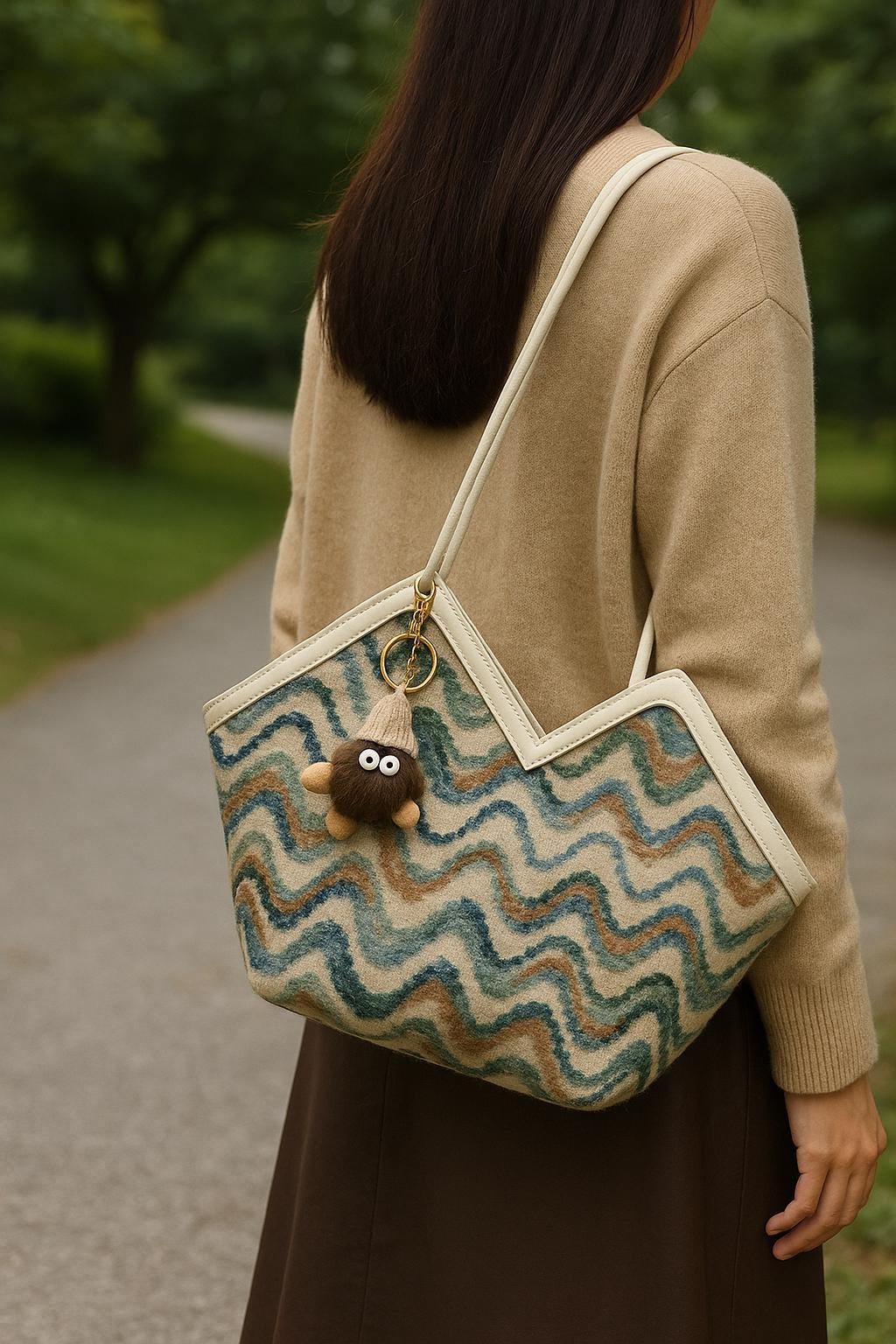 Retro Zigzag Wool Tote Bag with Plush Keychain – Vintage Chevron Handbag for Women