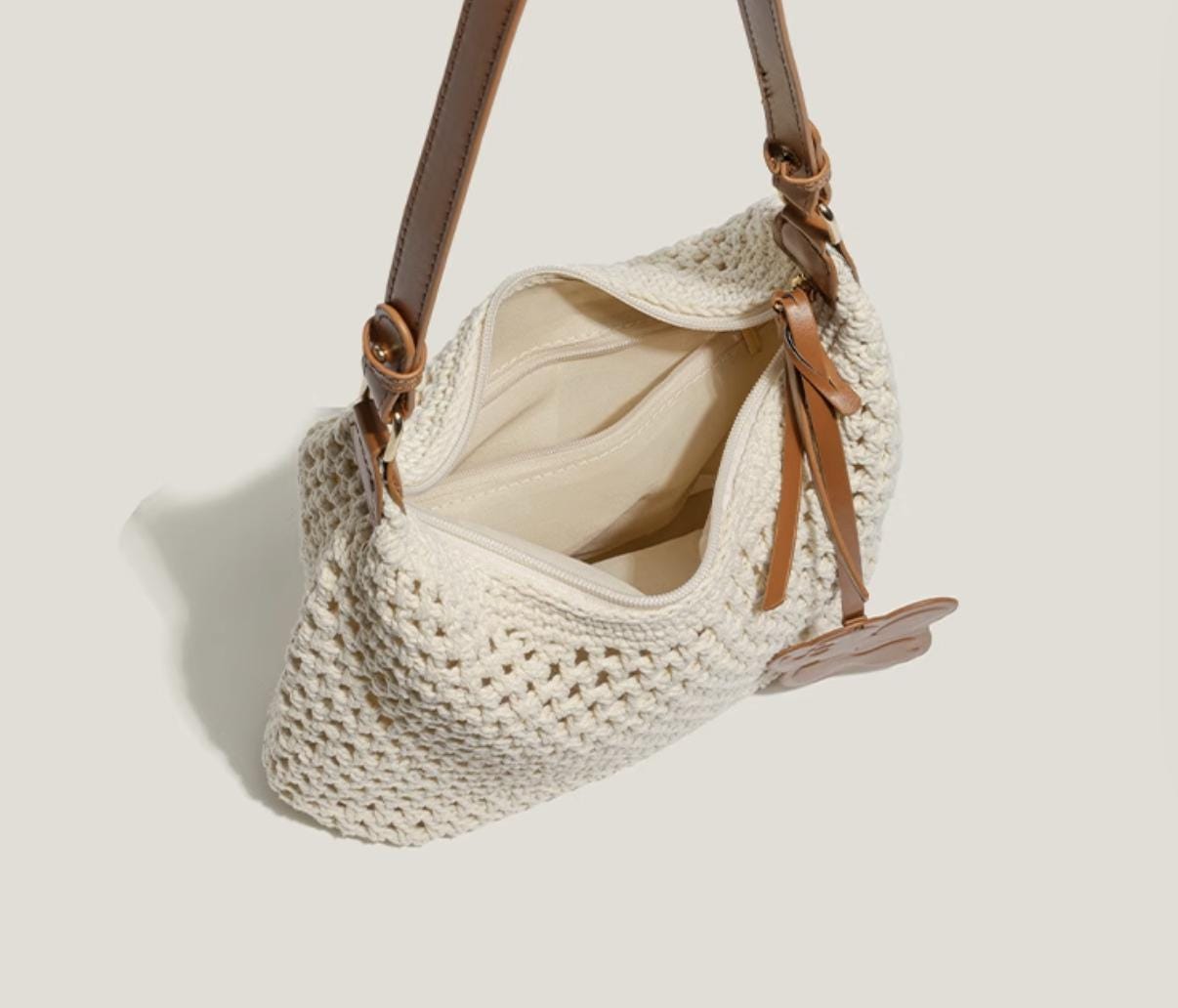Vintage Woven Hobo Bag with Bear Pendant, Adjustable Shoulder Strap, Brown Crochet Tote Bag for Daily Outings