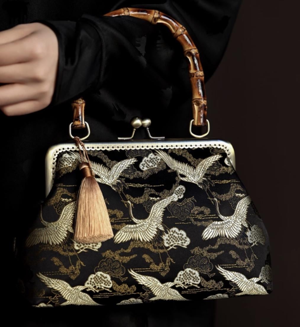 Oriental Embroidered Bamboo Handle Clasp Bag | Handmade Chinese Vintage Handbag | Silk Brocade Purse with Crane & Cloud Motif