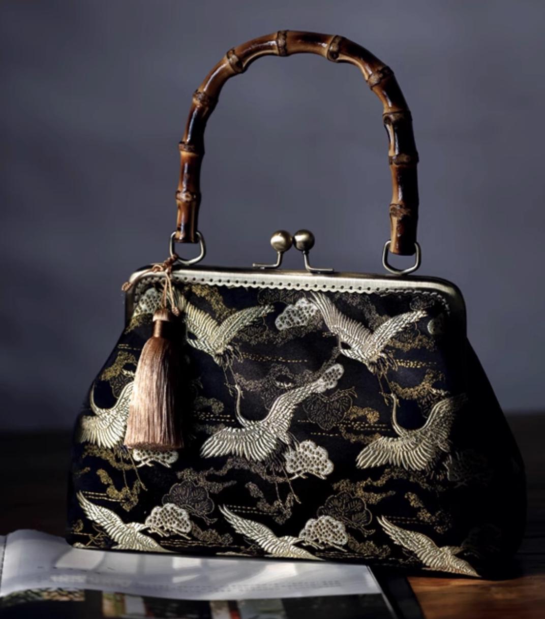 Oriental Embroidered Bamboo Handle Clasp Bag | Handmade Chinese Vintage Handbag | Silk Brocade Purse with Crane & Cloud Motif