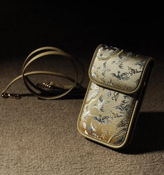 Elegant Song Brocade Phone Bag – Handmade Oriental Crossbody Pouch, Meaningful Gift for Her, Lightweight Phone Holder with Adjustable Strap