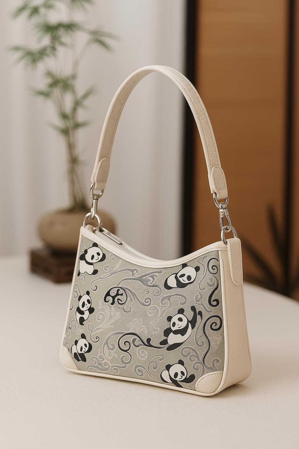 Shoulder Bag with Panda Pattern – Genuine Leather & Song Brocade – Oriental Style Purse for Daily or Gift Use
