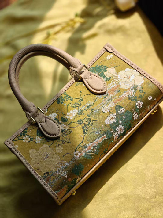 Chinese Heritage Brocade Handbag – Cowhide + Song Brocade, Elegant Floral Embroidery, Oriental Top Handle Bag for Daily & Formal Occasions