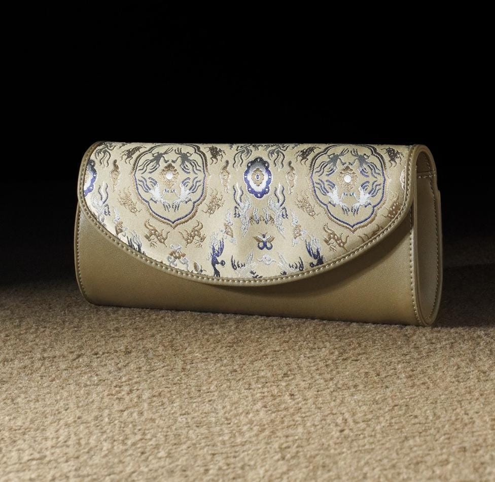 Oriental Brocade Evening Clutch – Crane & Deer Pattern – Handmade Gold Jacquard Purse – Elegant Gift for Her