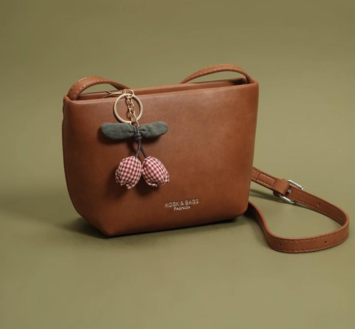 Vintage Brown Faux Leather Crossbody Bag with Cherry Keychain – Small Shoulder Purse for Women