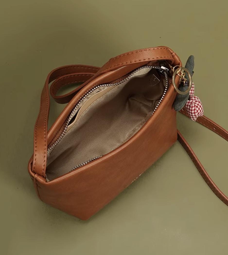 Vintage Brown Faux Leather Crossbody Bag with Cherry Keychain – Small Shoulder Purse for Women