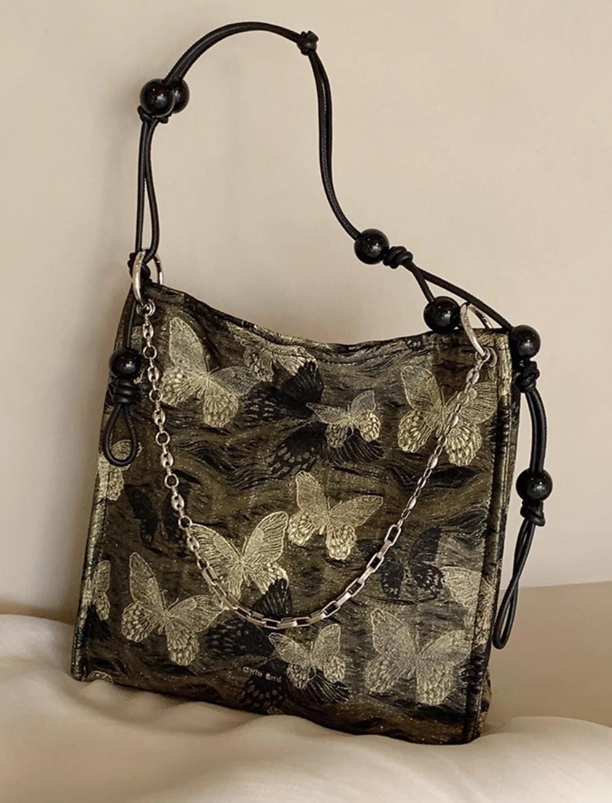 Vintage Butterfly Embroidered Shoulder Bag with Beaded Strap – Elegant Tapestry Crossbody Purse