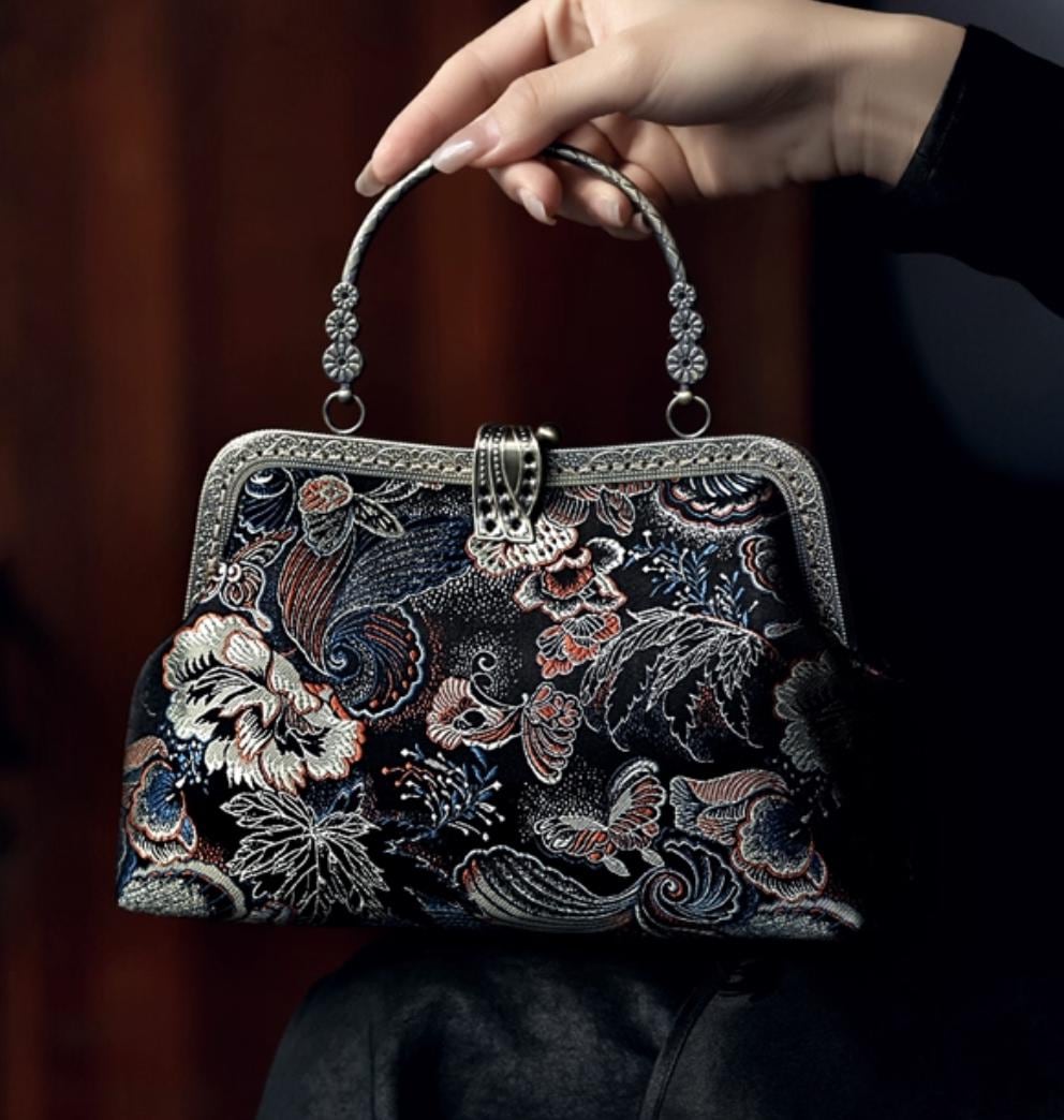 Handmade Embroidered Chinese Vintage Brocade Handbag – "Golden Butterfly & Leaf" Kiss Lock Purse