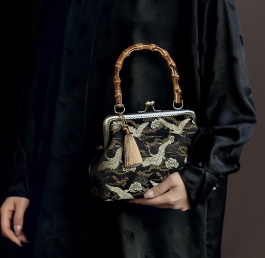Oriental Embroidered Bamboo Handle Clasp Bag | Handmade Chinese Vintage Handbag | Silk Brocade Purse with Crane & Cloud Motif