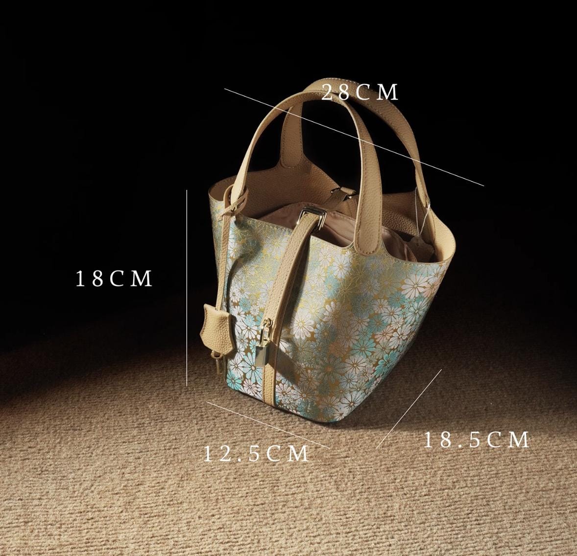 Floral Brocade Handbag – Handmade Silk and Leather Tote Bag with Bamboo Texture, Elegant Oriental Style for Daily Use or Gifting