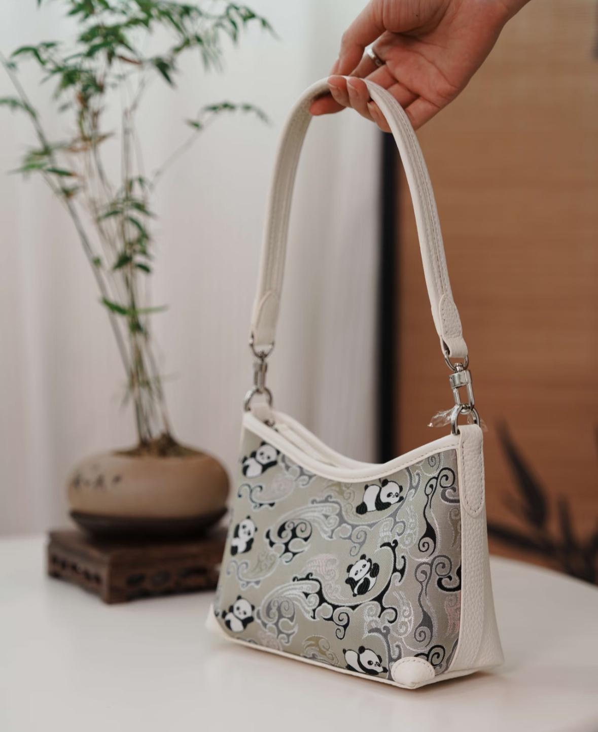 Shoulder Bag with Panda Pattern – Genuine Leather & Song Brocade – Oriental Style Purse for Daily or Gift Use