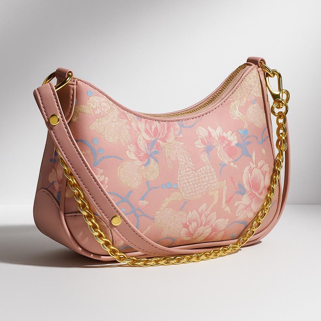 Pink Brocade Shoulder Bag – Kirin & Peony Pattern – Song Brocade + Leather Horn-Shaped Purse for Daily or Cultural Gift Use