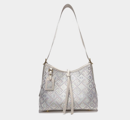 Silora Brocade Shoulder Bag – White Purple Jacquard, Oriental Elegance Meets Modern Fashion
