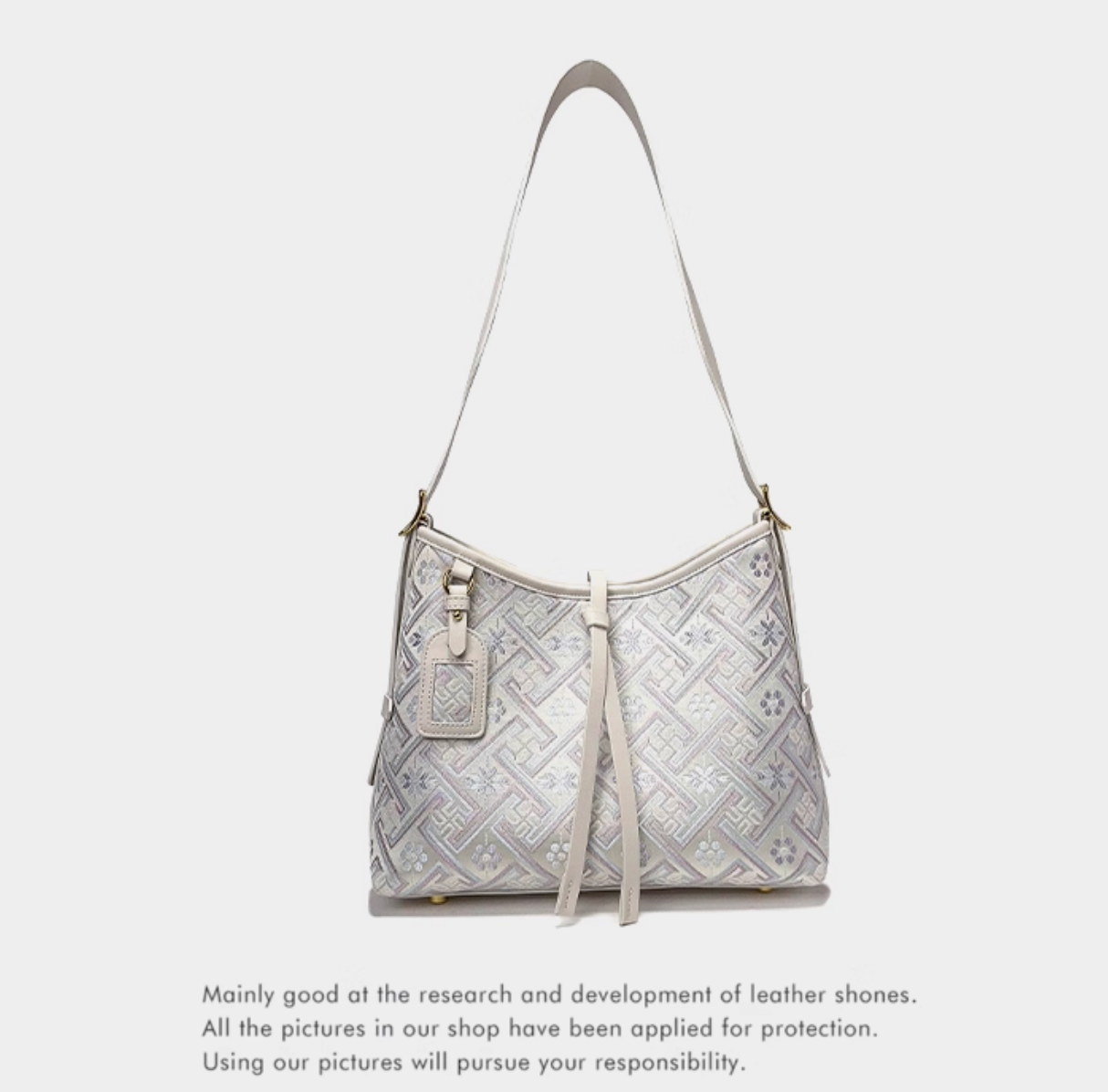 Silora Brocade Shoulder Bag – White Purple Jacquard, Oriental Elegance Meets Modern Fashion