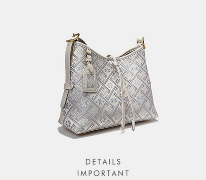 Silora Brocade Shoulder Bag – White Purple Jacquard, Oriental Elegance Meets Modern Fashion