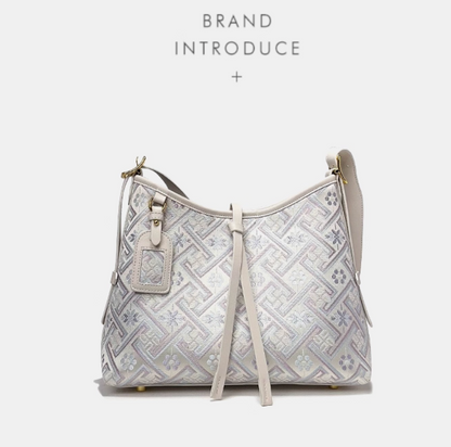 Silora Brocade Shoulder Bag – White Purple Jacquard, Oriental Elegance Meets Modern Fashion