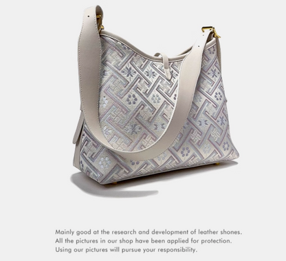 Silora Brocade Shoulder Bag – White Purple Jacquard, Oriental Elegance Meets Modern Fashion