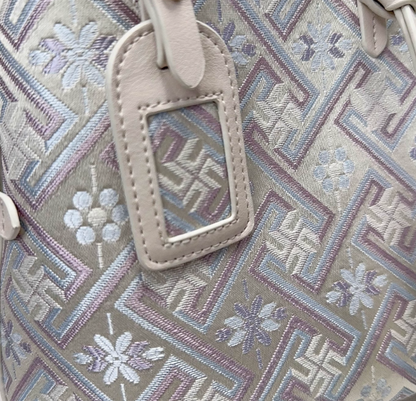 Silora Brocade Shoulder Bag – White Purple Jacquard, Oriental Elegance Meets Modern Fashion