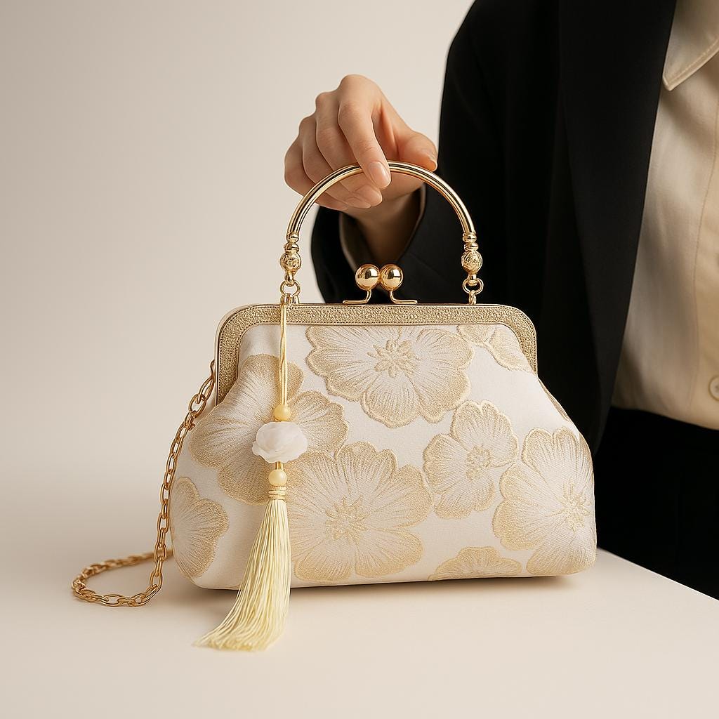 Elegant Vintage Oriental Jacquard Clutch Bag with Tassel – Pearl Handle & Chain Shoulder Strap