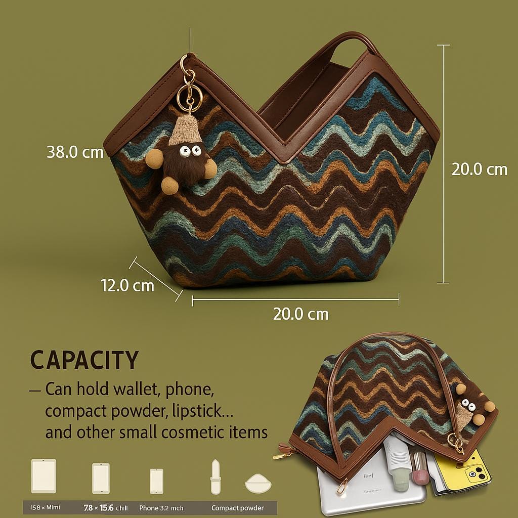 Retro Zigzag Wool Tote Bag with Plush Keychain – Vintage Chevron Handbag for Women