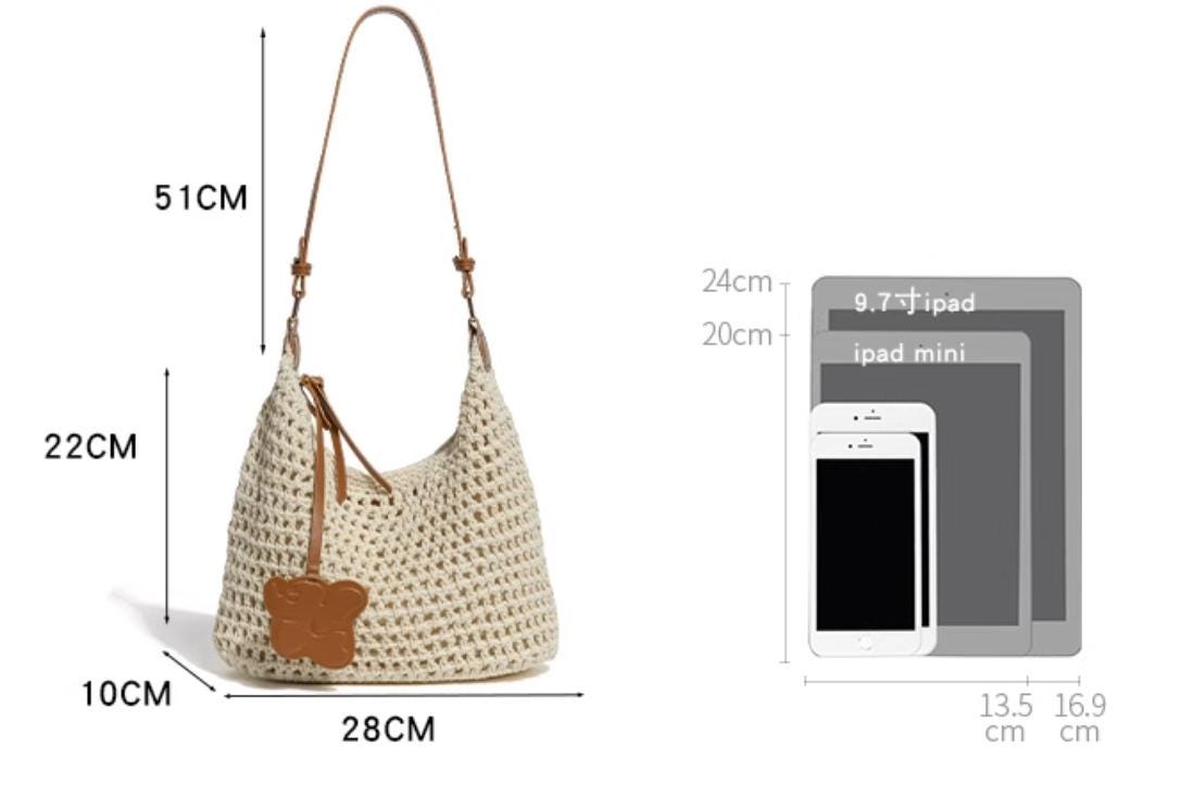Vintage Woven Hobo Bag with Bear Pendant, Adjustable Shoulder Strap, Brown Crochet Tote Bag for Daily Outings