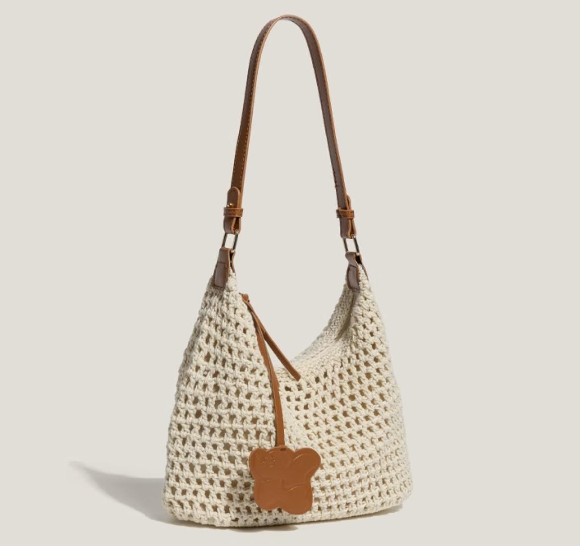 Vintage Woven Hobo Bag with Bear Pendant, Adjustable Shoulder Strap, Brown Crochet Tote Bag for Daily Outings