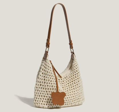 Vintage Woven Hobo Bag with Bear Pendant, Adjustable Shoulder Strap, Brown Crochet Tote Bag for Daily Outings