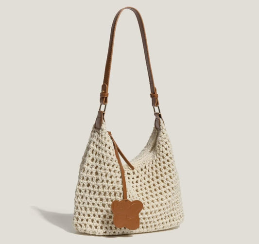 Vintage Woven Hobo Bag with Bear Pendant, Adjustable Shoulder Strap, Brown Crochet Tote Bag for Daily Outings