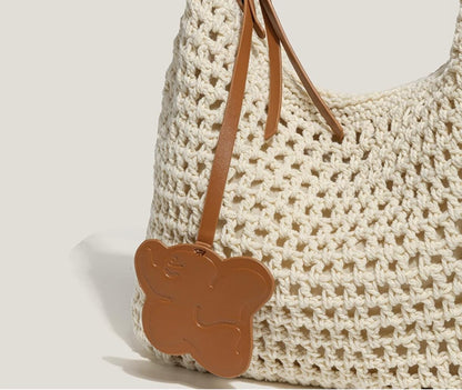 Vintage Woven Hobo Bag with Bear Pendant, Adjustable Shoulder Strap, Brown Crochet Tote Bag for Daily Outings