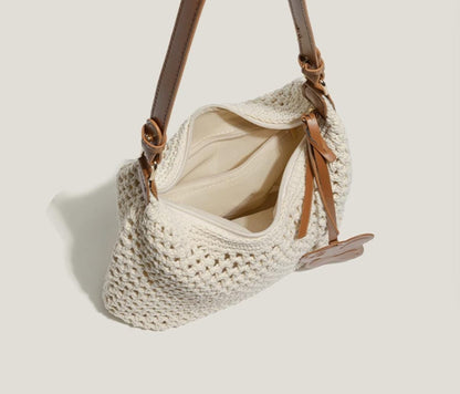Vintage Woven Hobo Bag with Bear Pendant, Adjustable Shoulder Strap, Brown Crochet Tote Bag for Daily Outings