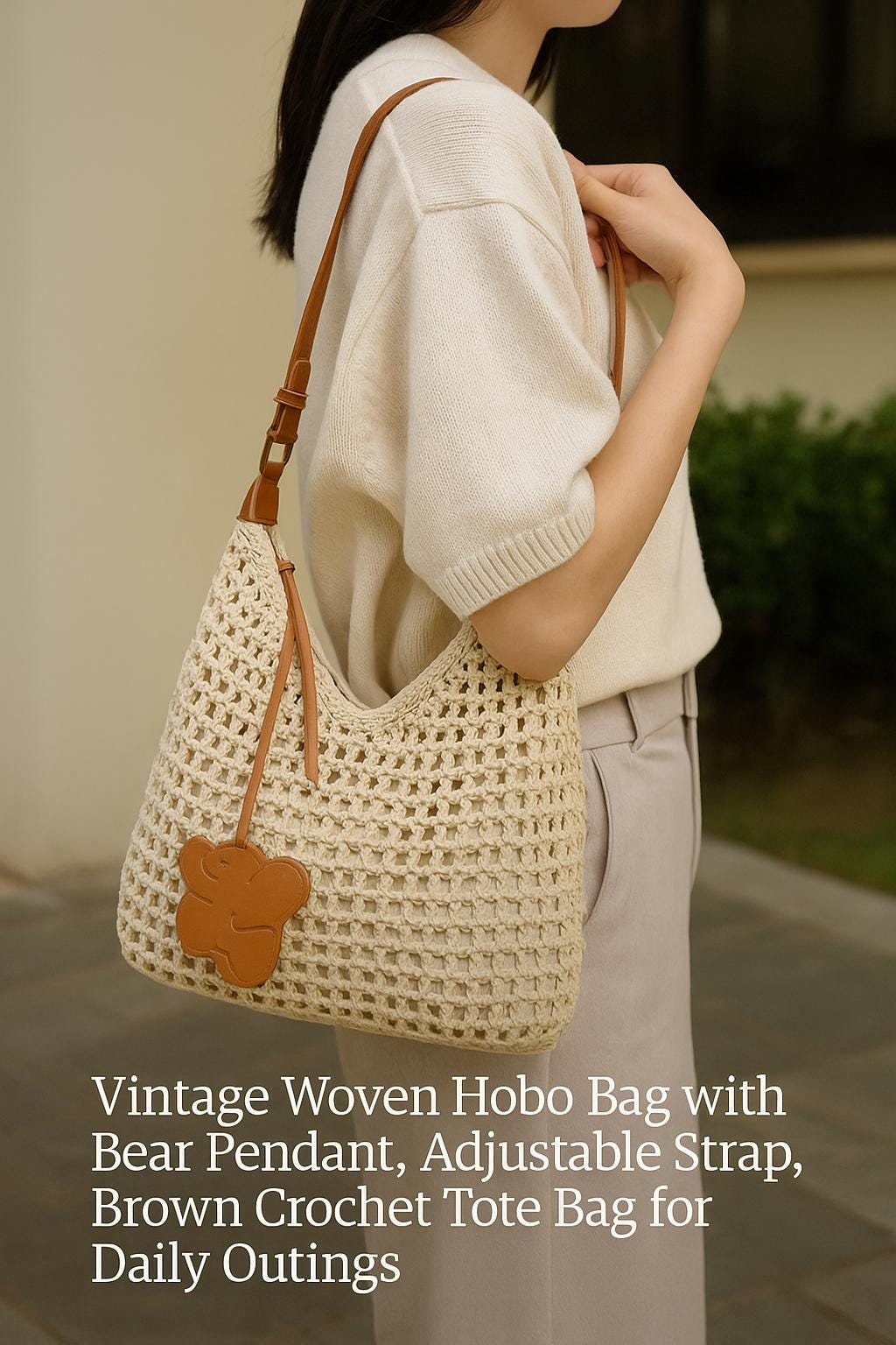 Vintage Woven Hobo Bag with Bear Pendant, Adjustable Shoulder Strap, Brown Crochet Tote Bag for Daily Outings