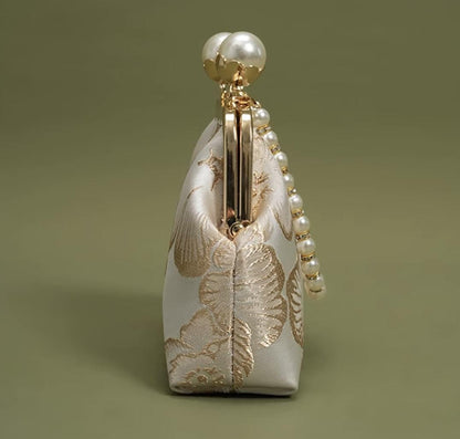 Elegant Pearl Clasp Brocade Handbag – Vintage-Inspired Floral Mini Bag for Evening & Wedding