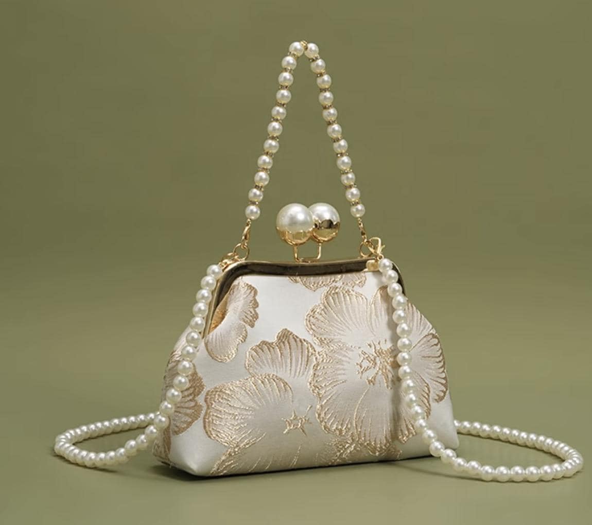 Elegant Pearl Clasp Brocade Handbag – Vintage-Inspired Floral Mini Bag for Evening & Wedding