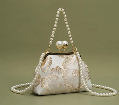 Elegant Pearl Clasp Brocade Handbag – Vintage-Inspired Floral Mini Bag for Evening & Wedding