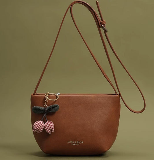 Vintage Brown Faux Leather Crossbody Bag with Cherry Keychain – Small Shoulder Purse for Women