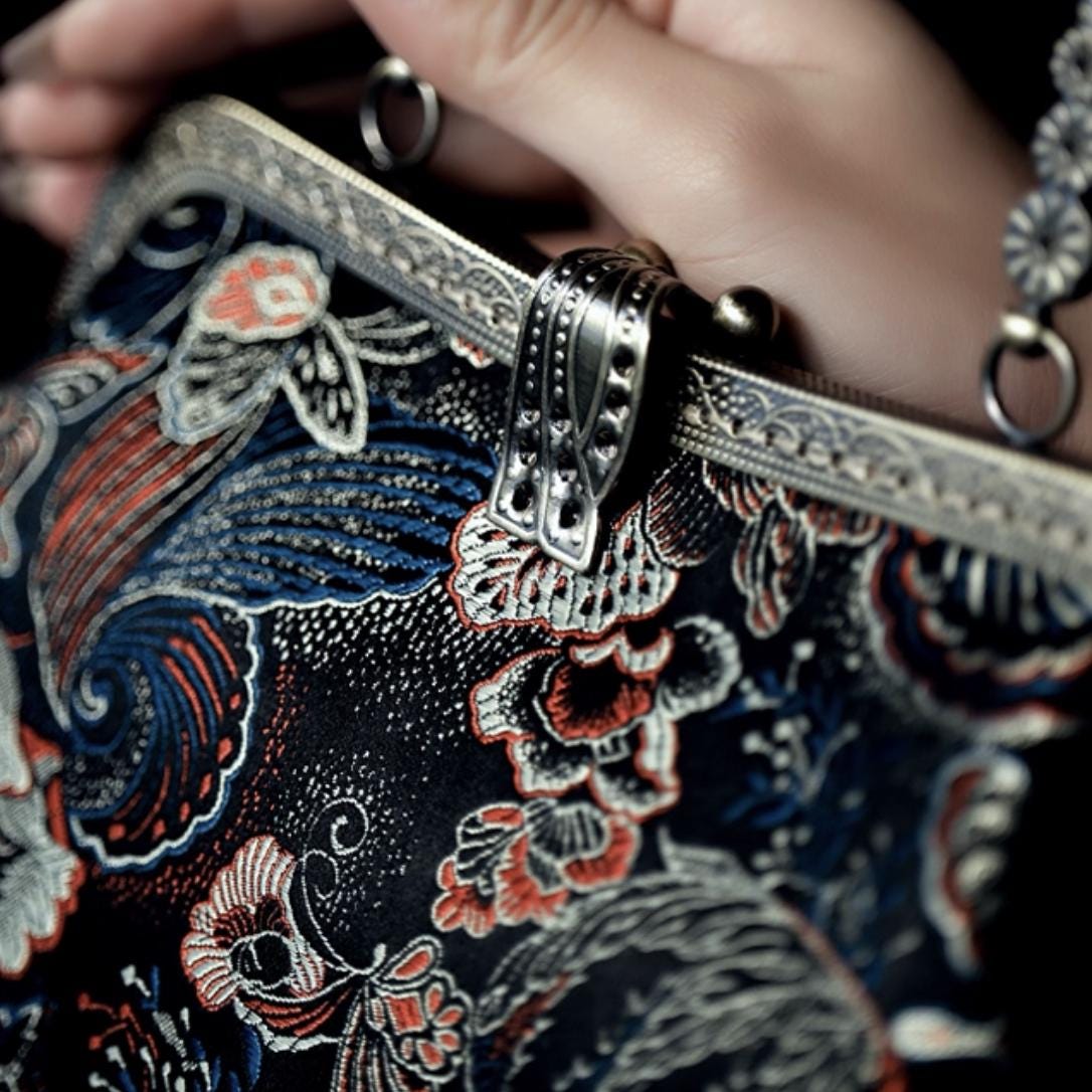 Handmade Embroidered Chinese Vintage Brocade Handbag – "Golden Butterfly & Leaf" Kiss Lock Purse