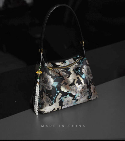 Handmade Chinese Silk & Leather Purse – Intangible Cultural Heritage Embroidery Bag, Luxury Oriental Shoulder Bag