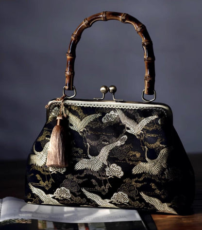 Oriental Embroidered Bamboo Handle Clasp Bag | Handmade Chinese Vintage Handbag | Silk Brocade Purse with Crane & Cloud Motif