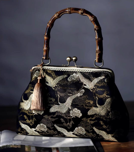 Oriental Embroidered Bamboo Handle Clasp Bag | Handmade Chinese Vintage Handbag | Silk Brocade Purse with Crane & Cloud Motif