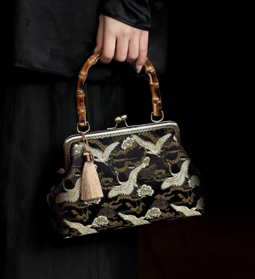 Oriental Embroidered Bamboo Handle Clasp Bag | Handmade Chinese Vintage Handbag | Silk Brocade Purse with Crane & Cloud Motif