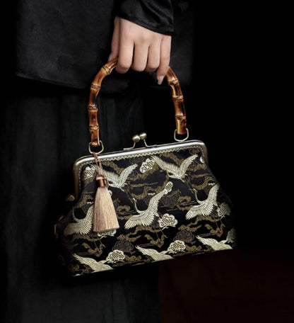 Oriental Embroidered Bamboo Handle Clasp Bag | Handmade Chinese Vintage Handbag | Silk Brocade Purse with Crane & Cloud Motif