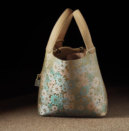 Floral Brocade Handbag – Handmade Silk and Leather Tote Bag with Bamboo Texture, Elegant Oriental Style for Daily Use or Gifting