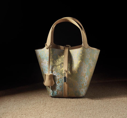 Floral Brocade Handbag – Handmade Silk and Leather Tote Bag with Bamboo Texture, Elegant Oriental Style for Daily Use or Gifting
