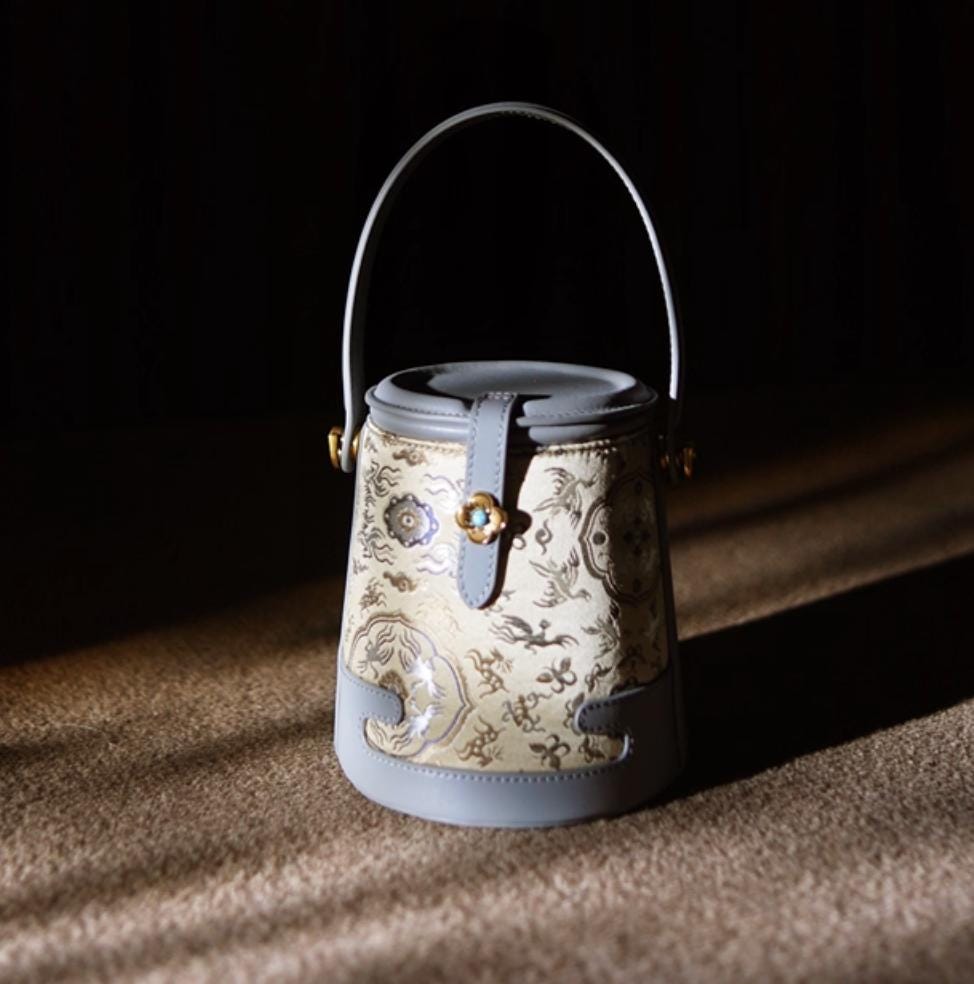 Song Brocade & Hand-Textured Cowhide Bucket Bag – Handmade Oriental Luxury for Daily Use or Gifting