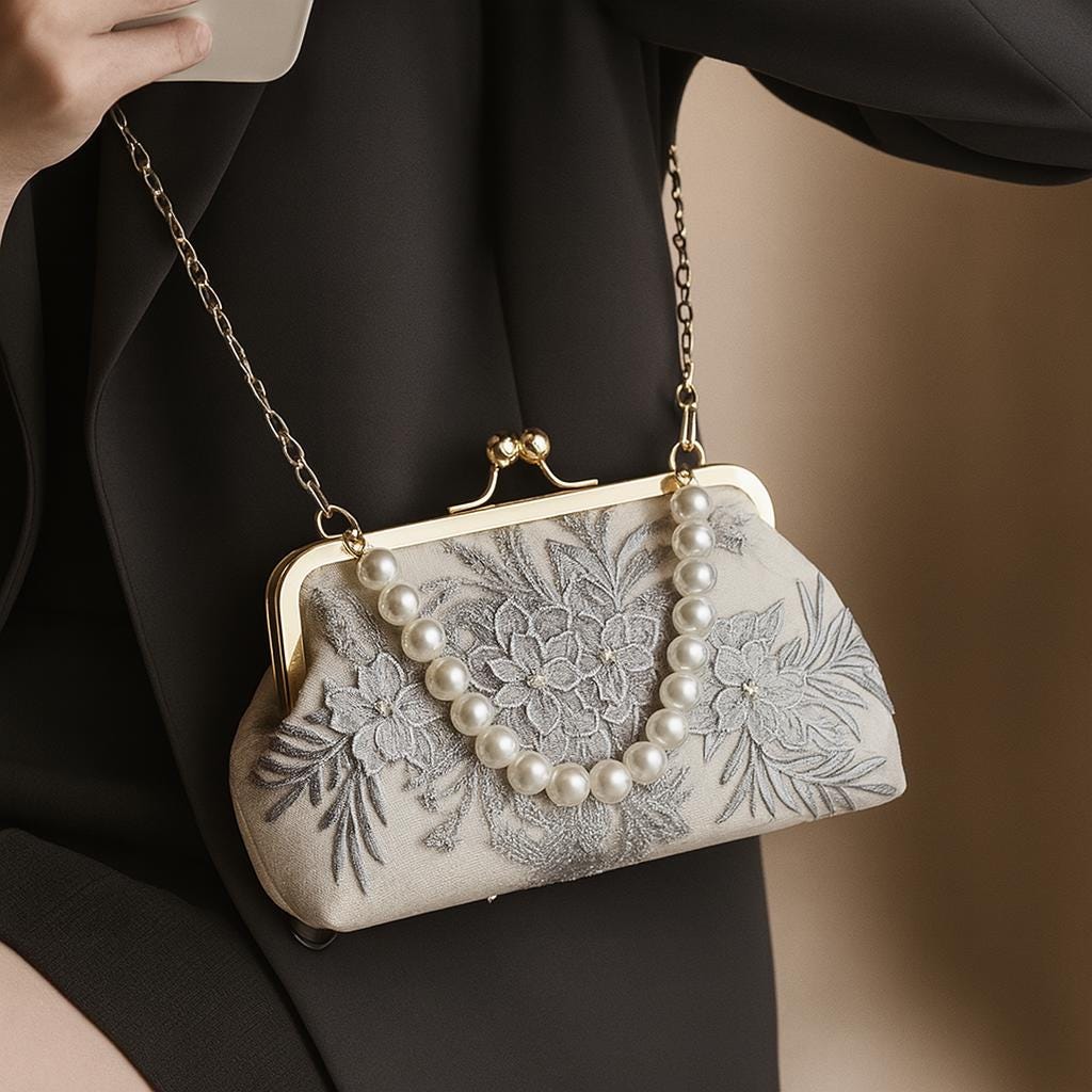 Elegant Floral Embroidered Clutch with Pearl Handle – Romantic Gift Purse for Weddings, Parties, and Special Occasions