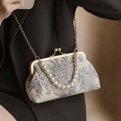 Elegant Floral Embroidered Clutch with Pearl Handle – Romantic Gift Purse for Weddings, Parties, and Special Occasions